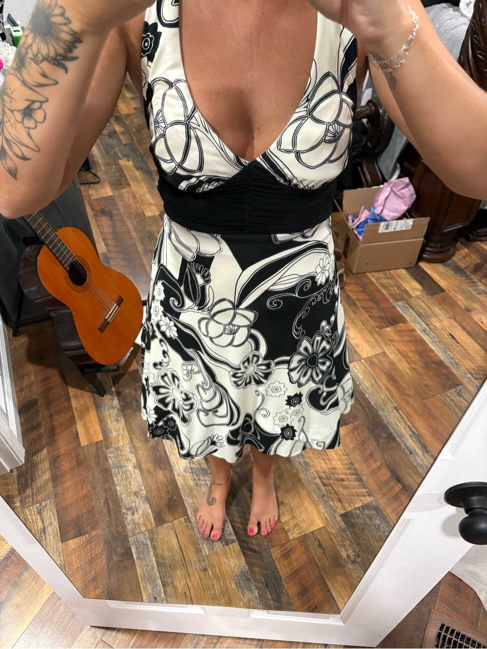 Black & White Floral V-Neck Fit-and-Flare Dress